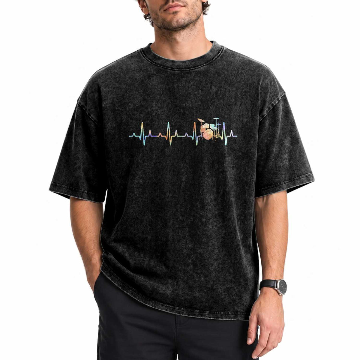 Drums Heartbeat Washed Cotton T-Shirt Drummer Percussionist Silhouette