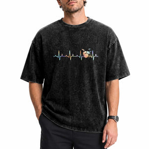 Drums Heartbeat Washed Cotton T-Shirt Drummer Percussionist Silhouette