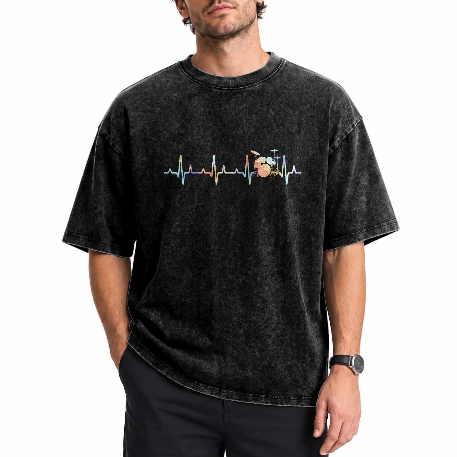 Drums Heartbeat Washed Cotton T-Shirt Drummer Percussionist Silhouette