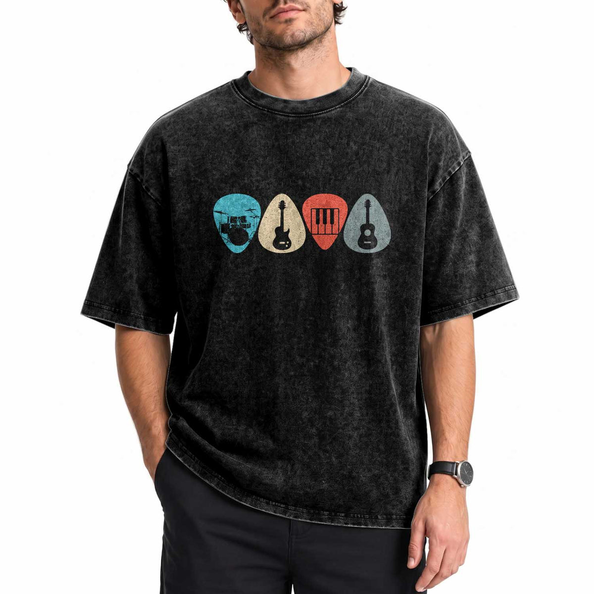 Guitar Pick Washed Cotton T-Shirt Retro Music Instrument