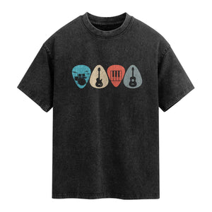 Guitar Pick Washed Cotton T-Shirt Retro Music Instrument