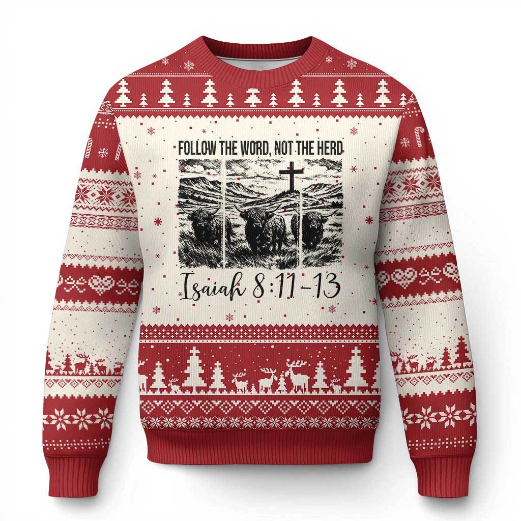 Follow the Word Not The Herd Ugly Christmas Sweater Vintage Bible Verse Christian Country Highland Cow Boho TS10 Beige Red Print Your Wear