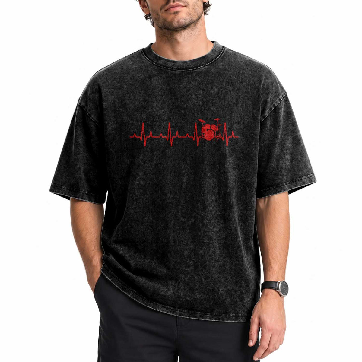 Drums Heartbeat Washed Cotton T-Shirt Drummer Percussionist