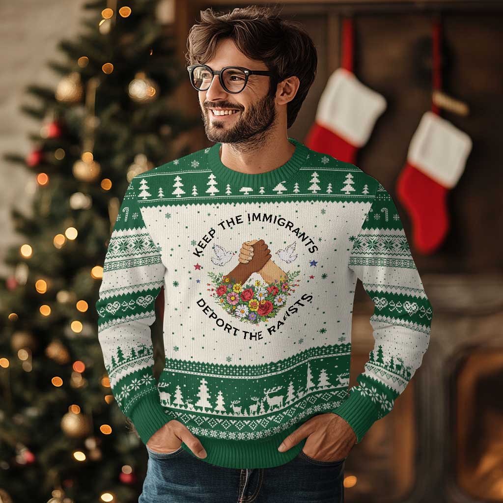 Keep The Immigrants Deport The Racist Ugly Christmas Sweater Floral FDT TS10 Beige Green Print Your Wear