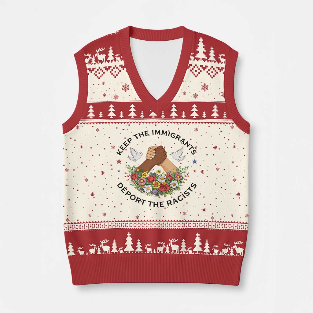 Keep The Immigrants Deport The Racist V-Neck Knit Sweater Vest Floral FDT TS10 Beige Red Print Your Wear