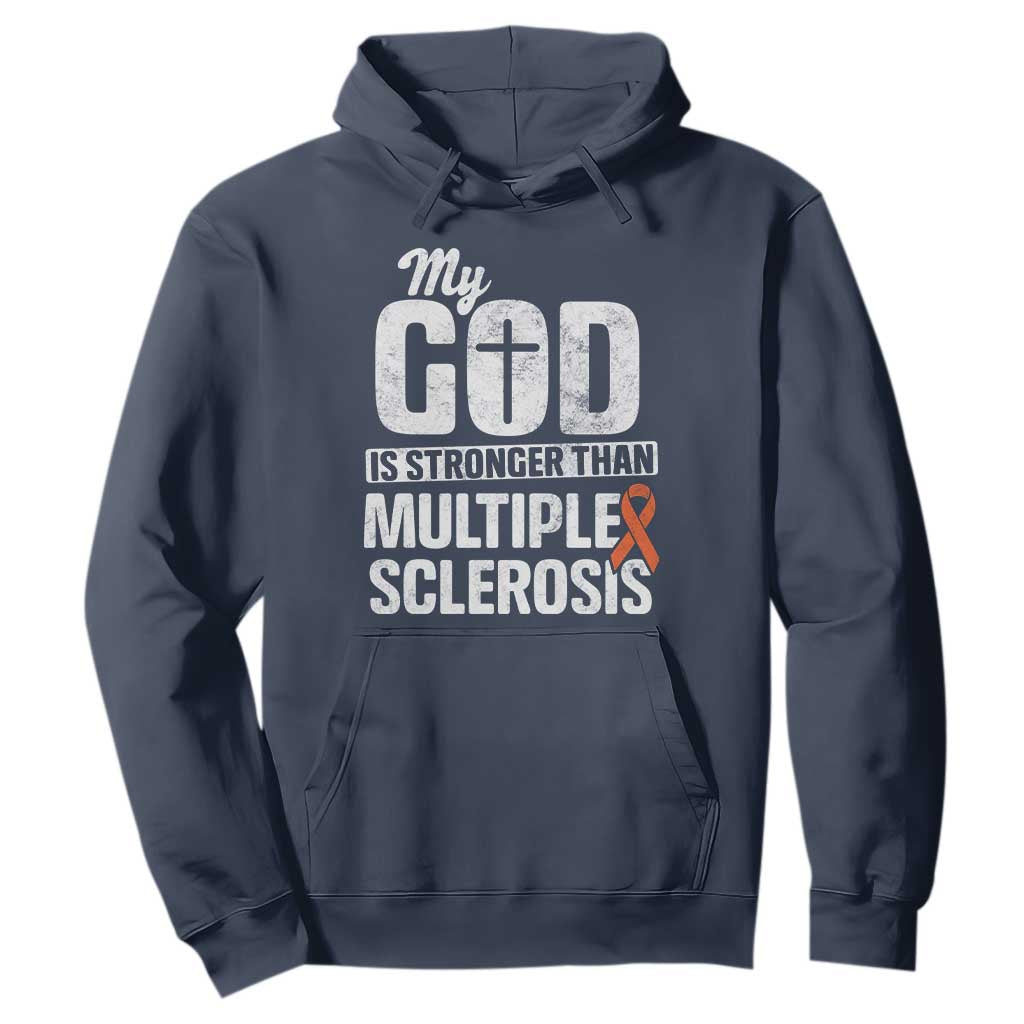 God Stronger Multiple Sclerosis Awareness Hoodie Orange Ribbon MS Support Squad TS10 Navy Print Your Wear