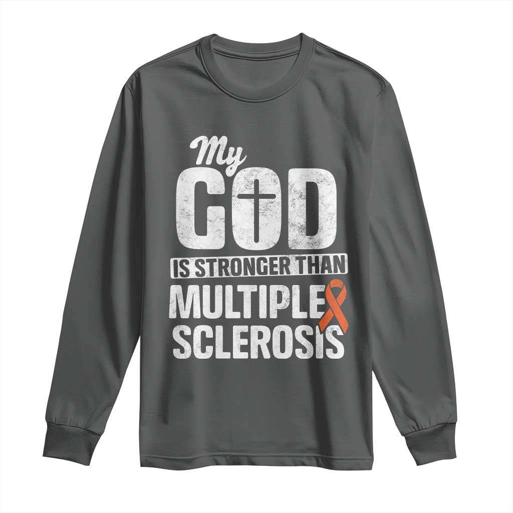 God Stronger Multiple Sclerosis Awareness Long Sleeve Shirt Orange Ribbon MS Support Squad TS10 Dark Heather Print Your Wear