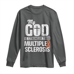 God Stronger Multiple Sclerosis Awareness Long Sleeve Shirt Orange Ribbon MS Support Squad TS10 Dark Heather Print Your Wear