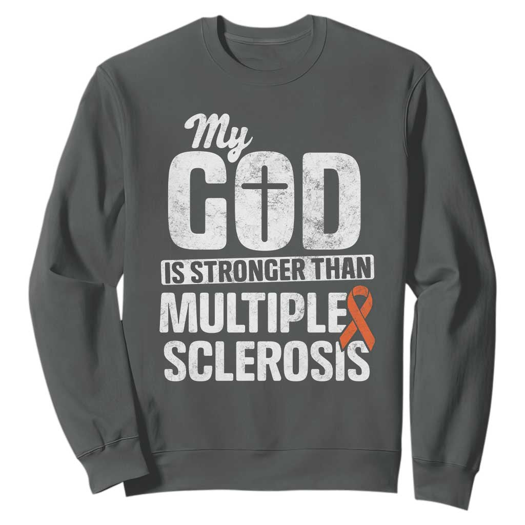 God Stronger Multiple Sclerosis Awareness Sweatshirt Orange Ribbon MS Support Squad TS10 Dark Heather Print Your Wear