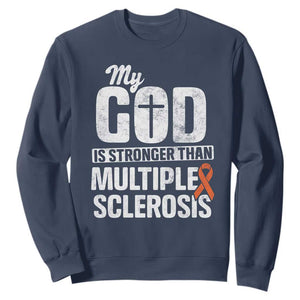 God Stronger Multiple Sclerosis Awareness Sweatshirt Orange Ribbon MS Support Squad TS10 Navy Print Your Wear
