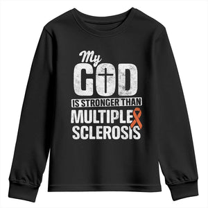 God Stronger Multiple Sclerosis Awareness Youth Sweatshirt Orange Ribbon MS Support Squad TS10 Black Print Your Wear