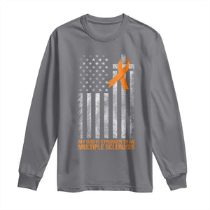 God Stronger Multiple Sclerosis Awareness Long Sleeve Shirt Orange Ribbon Christian US USA Flag American Christ Cross TS10 Charcoal Print Your Wear