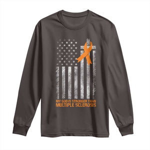 God Stronger Multiple Sclerosis Awareness Long Sleeve Shirt Orange Ribbon Christian US USA Flag American Christ Cross TS10 Dark Chocolate Print Your Wear