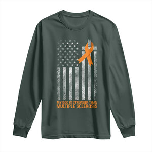 God Stronger Multiple Sclerosis Awareness Long Sleeve Shirt Orange Ribbon Christian US USA Flag American Christ Cross TS10 Dark Forest Green Print Your Wear