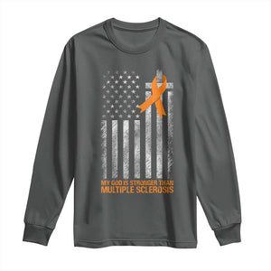 God Stronger Multiple Sclerosis Awareness Long Sleeve Shirt Orange Ribbon Christian US USA Flag American Christ Cross TS10 Dark Heather Print Your Wear