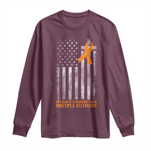 God Stronger Multiple Sclerosis Awareness Long Sleeve Shirt Orange Ribbon Christian US USA Flag American Christ Cross TS10 Maroon Print Your Wear