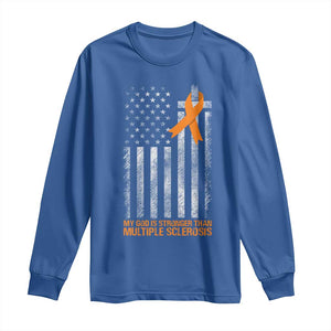 God Stronger Multiple Sclerosis Awareness Long Sleeve Shirt Orange Ribbon Christian US USA Flag American Christ Cross TS10 Royal Blue Print Your Wear