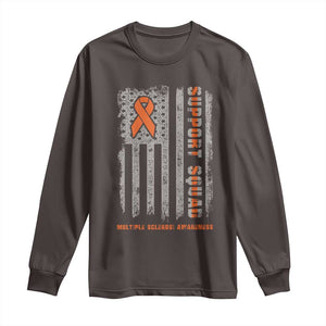 MS Support Squad Long Sleeve Shirt Orange Ribbon Multiple Sclerosis Awareness USA Flag TS10 Dark Chocolate Print Your Wear