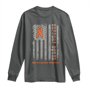 MS Support Squad Long Sleeve Shirt Orange Ribbon Multiple Sclerosis Awareness USA Flag TS10 Dark Heather Print Your Wear