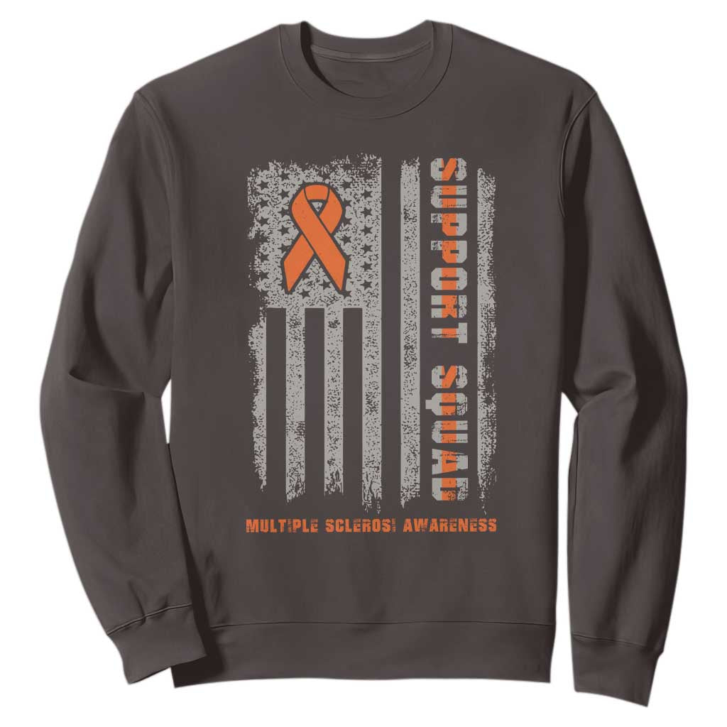 MS Support Squad Sweatshirt Orange Ribbon Multiple Sclerosis Awareness USA Flag TS10 Dark Chocolate Print Your Wear