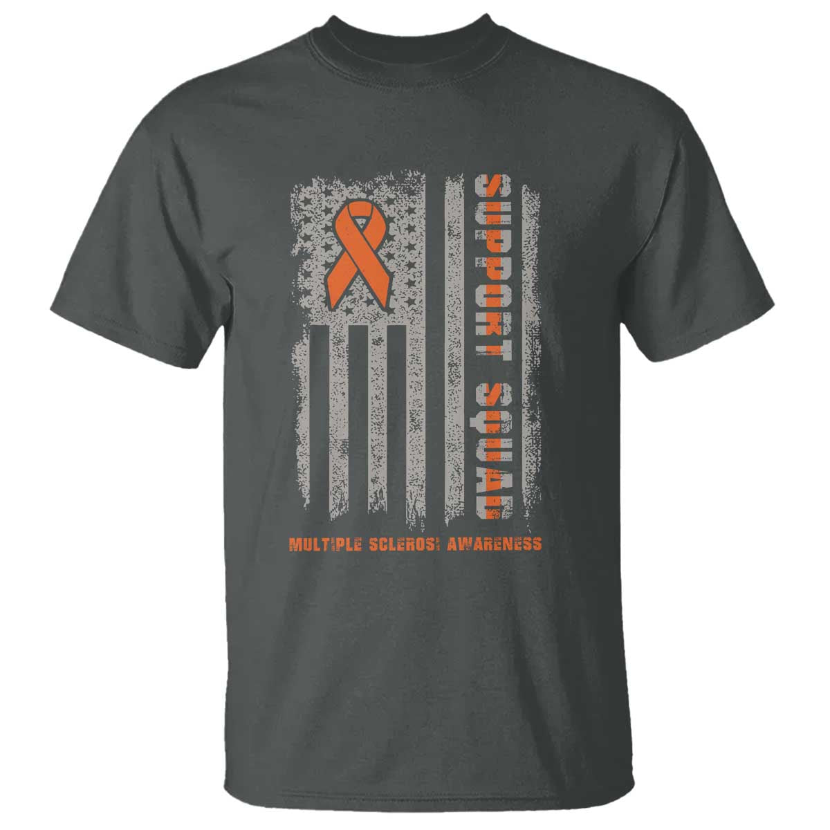 MS Support Squad T Shirt - Orange Ribbon Multiple Sclerosis Awareness USA Flag Tee TS10 Dark Heather Print Your Wear