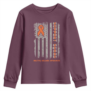 MS Support Squad Youth Sweatshirt Orange Ribbon Multiple Sclerosis Awareness USA Flag TS10 Maroon Print Your Wear