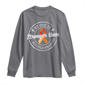 MS Awareness Long Sleeve Shirt Orange Ribbon God Stronger MS TS10 Charcoal Print Your Wear