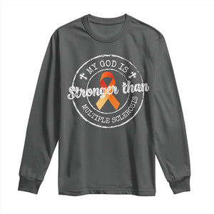 MS Awareness Long Sleeve Shirt Orange Ribbon God Stronger MS TS10 Dark Heather Print Your Wear