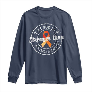 MS Awareness Long Sleeve Shirt Orange Ribbon God Stronger MS TS10 Navy Print Your Wear