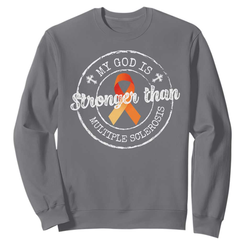 MS Awareness Sweatshirt Orange Ribbon God Stronger MS TS10 Charcoal Print Your Wear