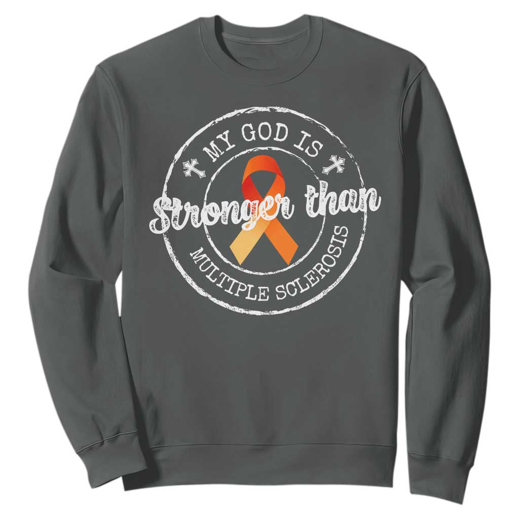 MS Awareness Sweatshirt Orange Ribbon God Stronger MS TS10 Dark Heather Print Your Wear