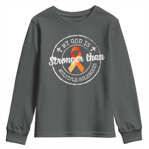 MS Awareness Youth Sweatshirt Orange Ribbon God Stronger MS TS10 Dark Heather Print Your Wear