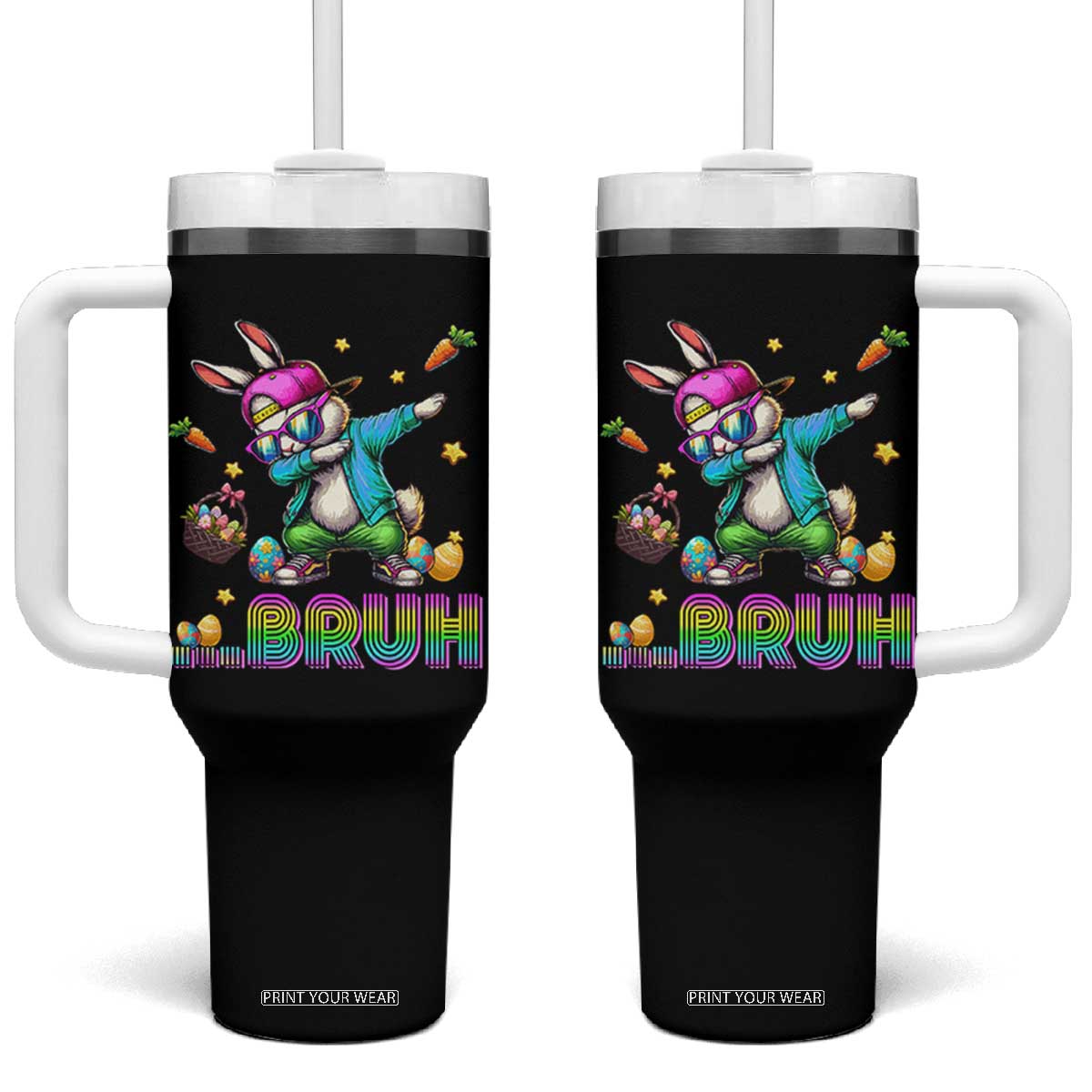 Bruh Dab Bunny Easter Tumbler With Handle Funny 80s Retro Vintage Party Cool Rabbit TS10 One Size: 40 oz Black Print Your Wear