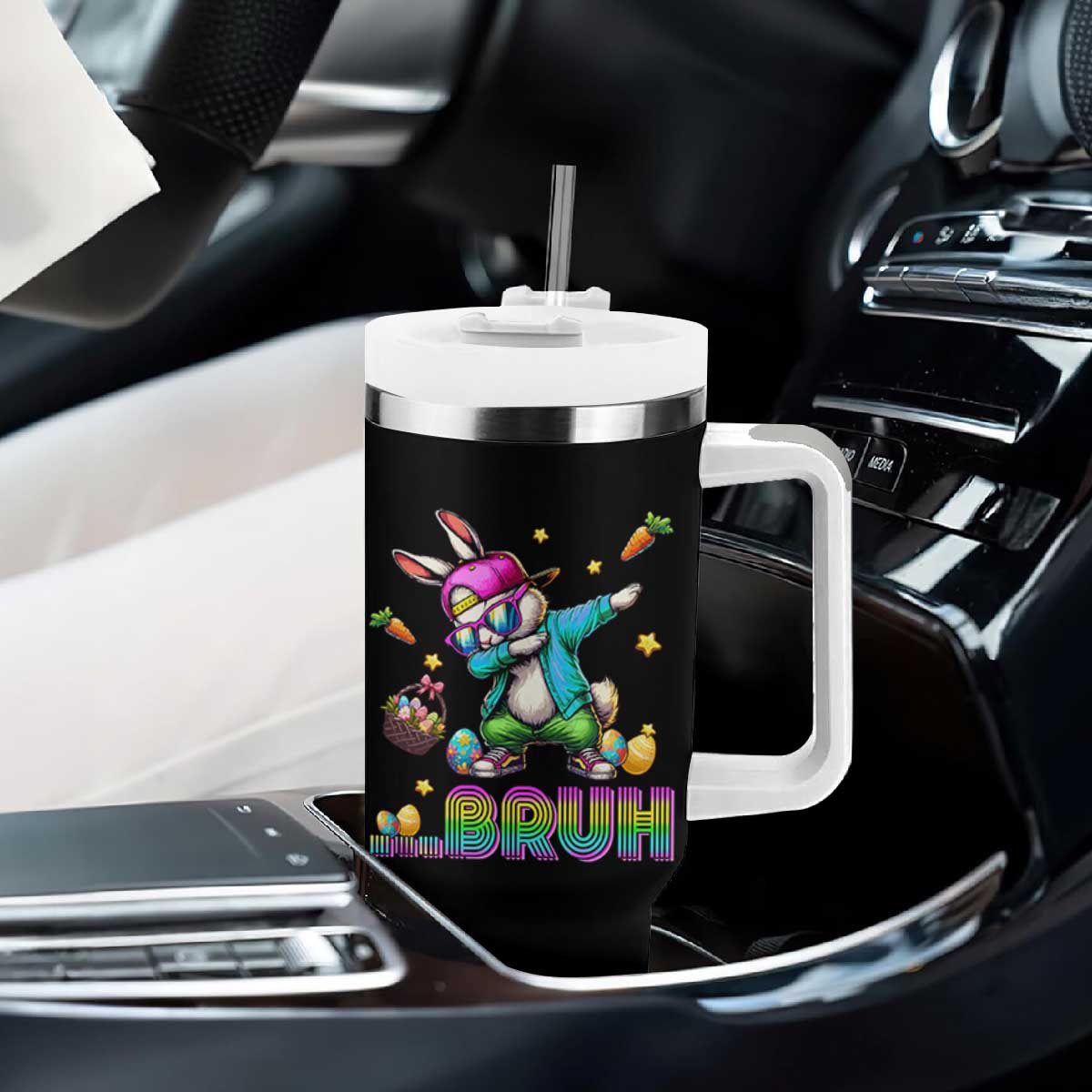 Bruh Dab Bunny Easter Tumbler With Handle Funny 80s Retro Vintage Party Cool Rabbit TS10 Print Your Wear