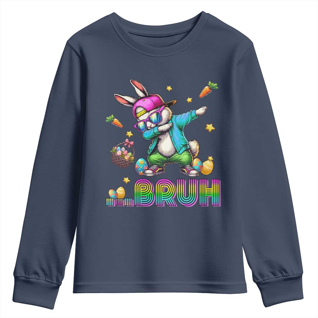Bruh Dab Bunny Easter Youth Sweatshirt Funny 80s Retro Vintage Party Cool Rabbit TS10 Navy Print Your Wear