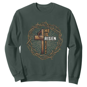 Easter Cross He is Risen Sweatshirt Jesus Christian Crown Of Thorns TS10 Dark Forest Green Print Your Wear