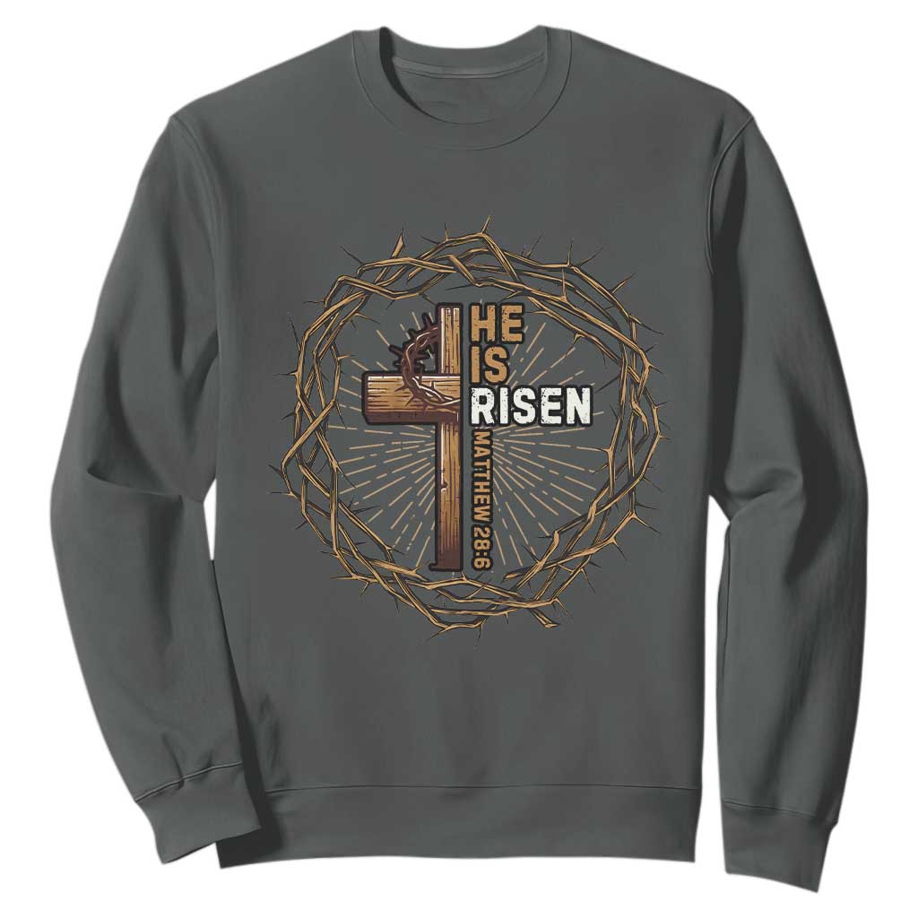 Easter Cross He is Risen Sweatshirt Jesus Christian Crown Of Thorns TS10 Dark Heather Print Your Wear
