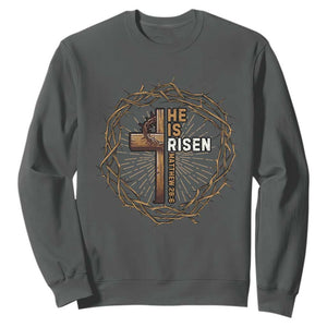 Easter Cross He is Risen Sweatshirt Jesus Christian Crown Of Thorns TS10 Dark Heather Print Your Wear