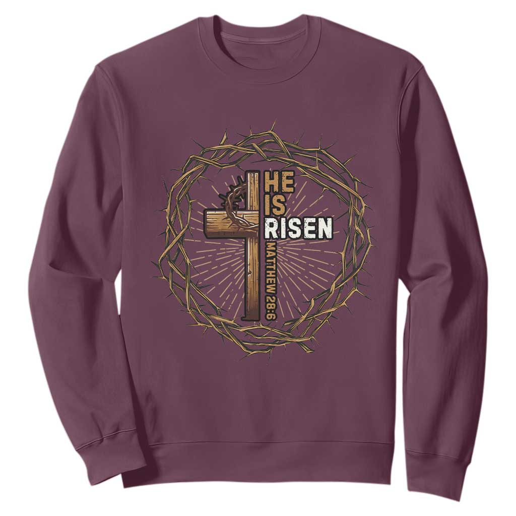 Easter Cross He is Risen Sweatshirt Jesus Christian Crown Of Thorns TS10 Maroon Print Your Wear