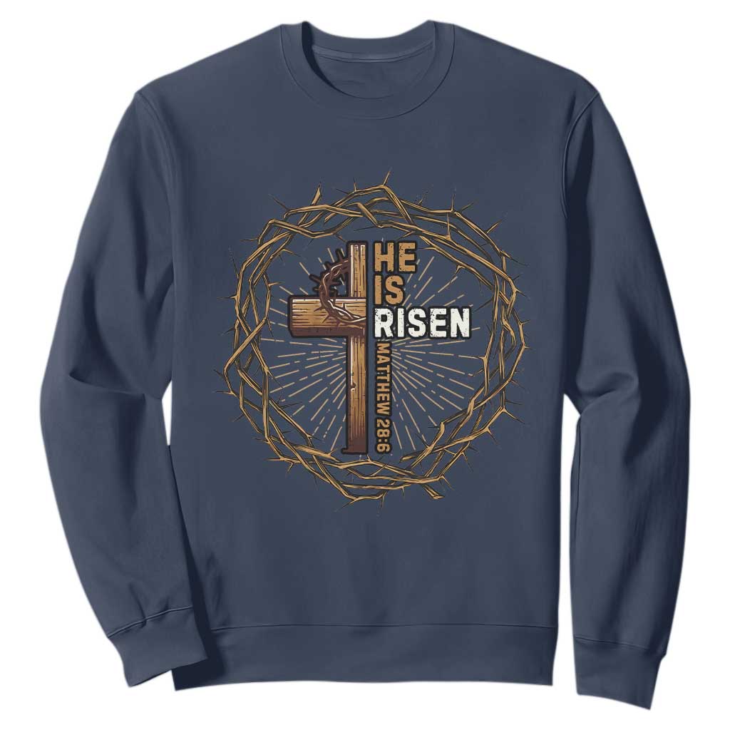 Easter Cross He is Risen Sweatshirt Jesus Christian Crown Of Thorns TS10 Navy Print Your Wear