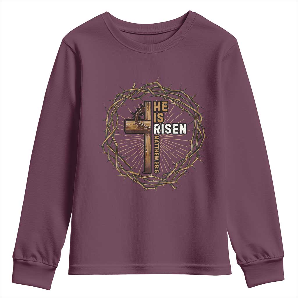 Easter Cross He is Risen Youth Sweatshirt Jesus Christian Crown Of Thorns TS10 Maroon Print Your Wear