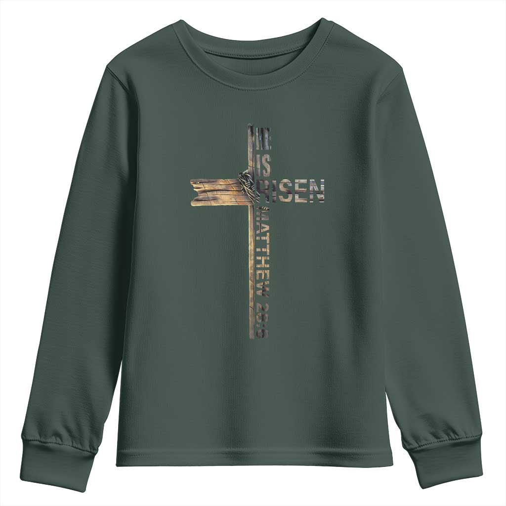 He is Risen Youth Sweatshirt Religious Easter Cross Jesus Christian TS10 Dark Forest Green Print Your Wear