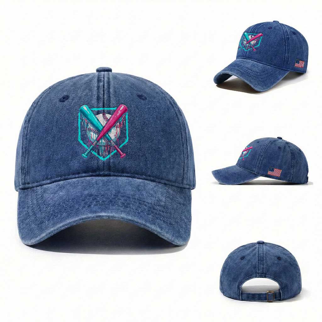 Baseball Drip Washed Cotton Baseball Cap Ice Cream Dripping Youth Boys Baseball Bats TS10 Washed Cap Universal Fit Royal Blue Print Your Wear