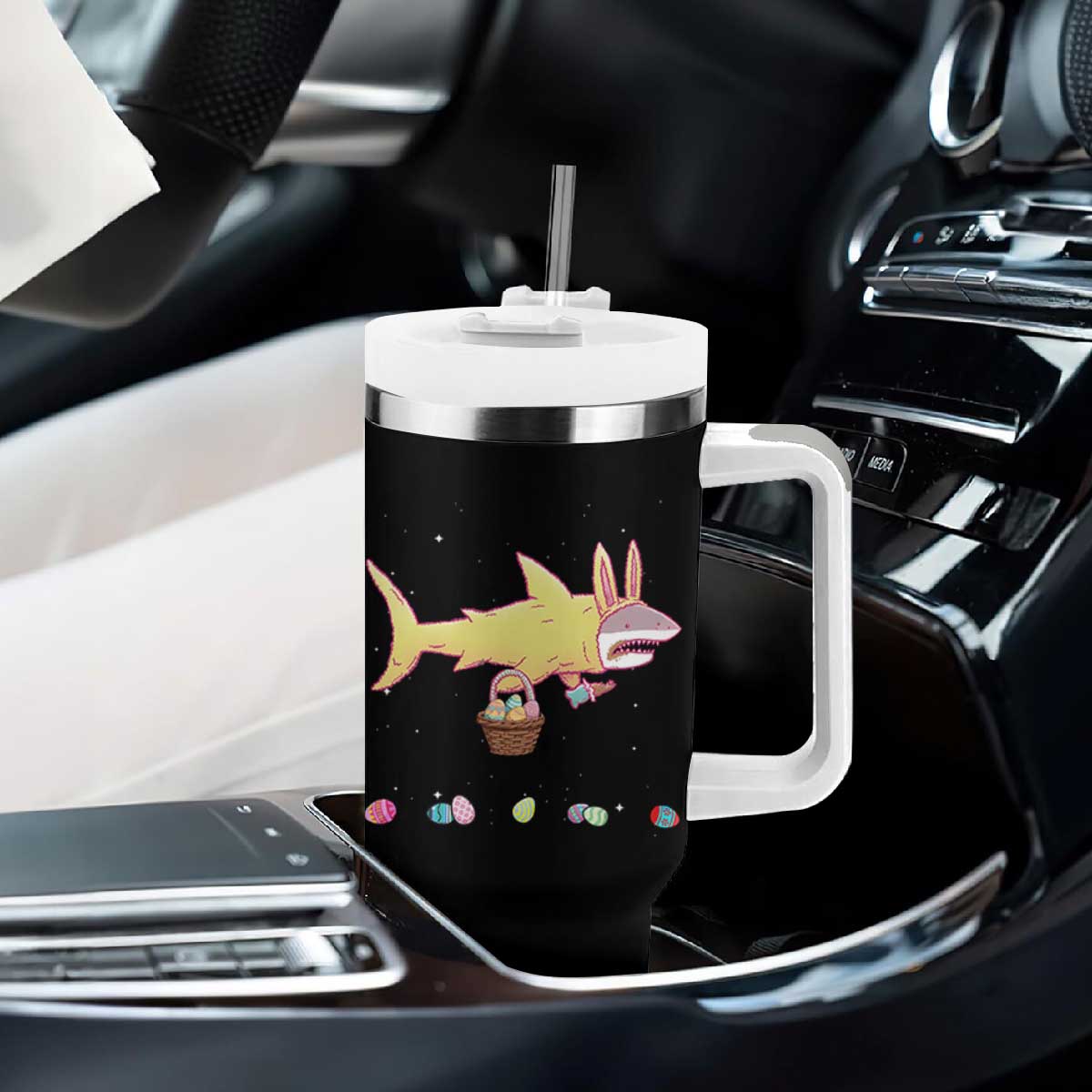 Funny Shark Easter Tumbler With Handle Cute Bunny Ears Eggs Hunting Teens Boys Kids TS10 Print Your Wear