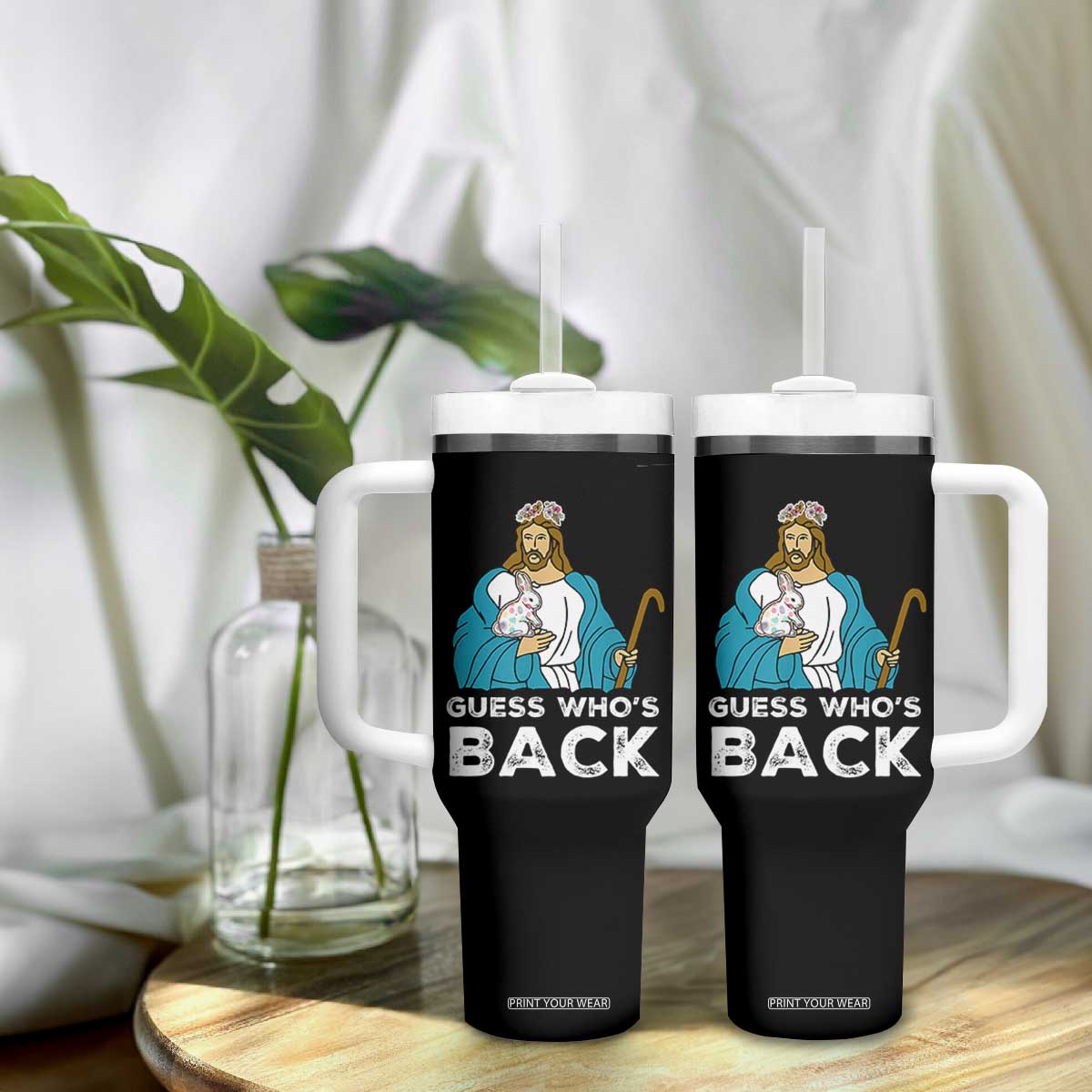 Guess Whos Back Tumbler With Handle Funny Religious Jesus Back Cute Bunny TS10 Print Your Wear