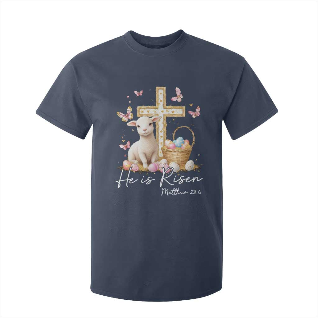 He Is Risen Easter T Shirt For Kid Lamb Flowers Cross TS10 Navy Print Your Wear