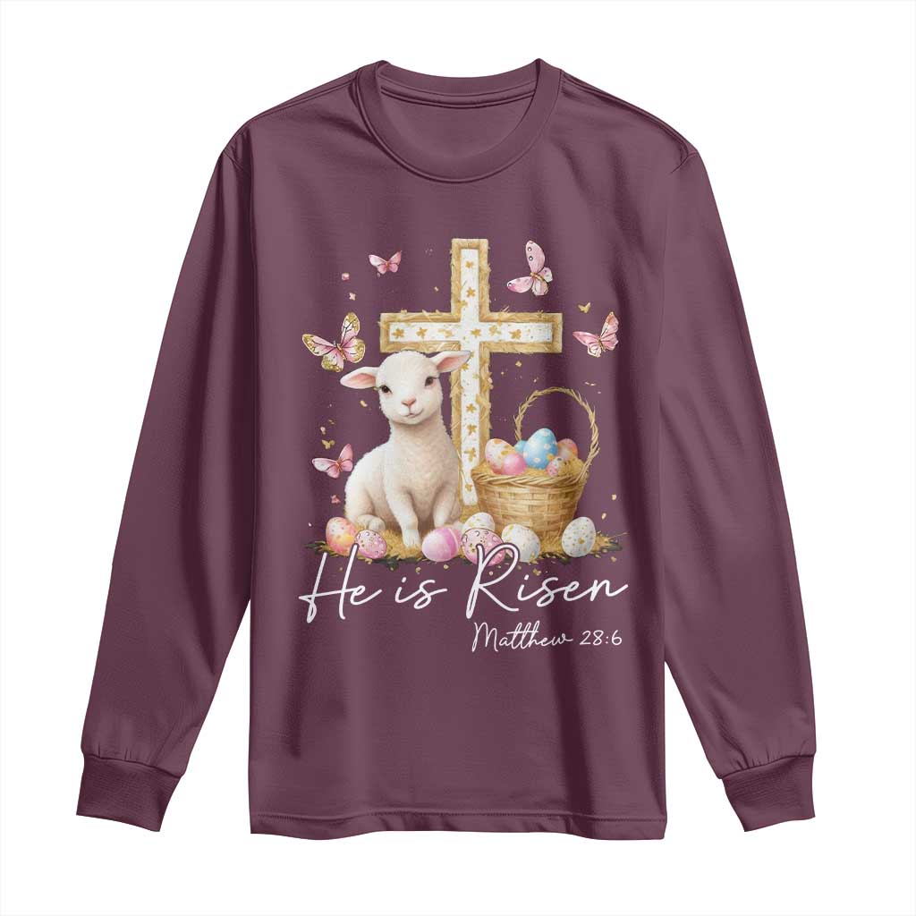 He Is Risen Easter Long Sleeve Shirt Lamb Flowers Cross TS10 Maroon Print Your Wear