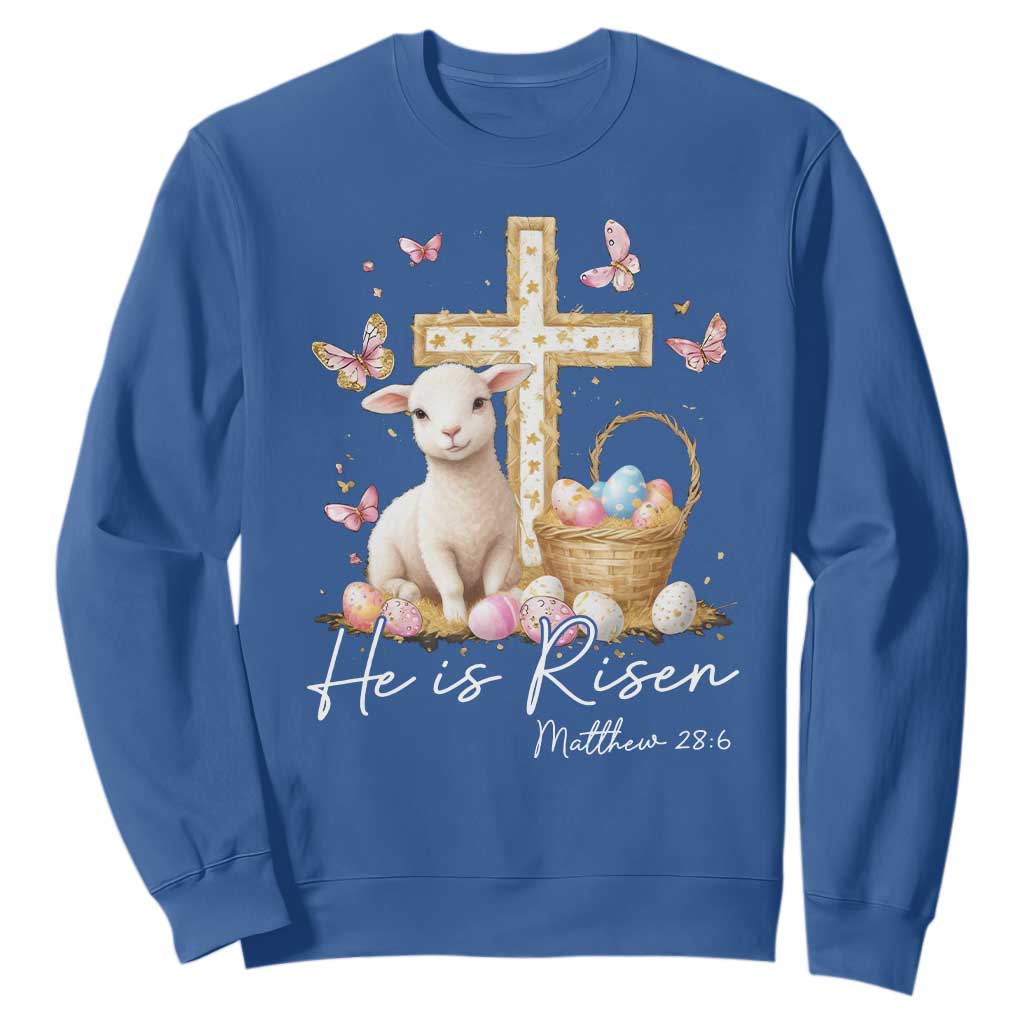 He Is Risen Easter Sweatshirt Lamb Flowers Cross TS10 Royal Blue Print Your Wear