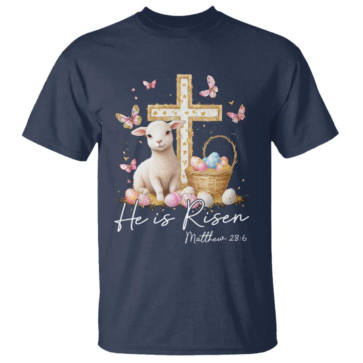 He Is Risen Easter T Shirt Lamb Flowers Cross TS10 Navy Print Your Wear
