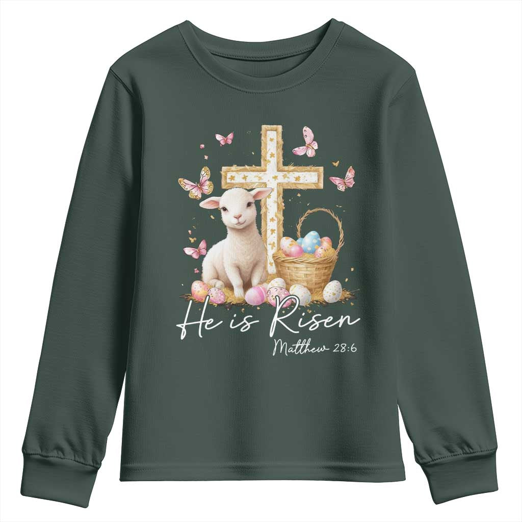 He Is Risen Easter Youth Sweatshirt Lamb Flowers Cross TS10 Dark Forest Green Print Your Wear